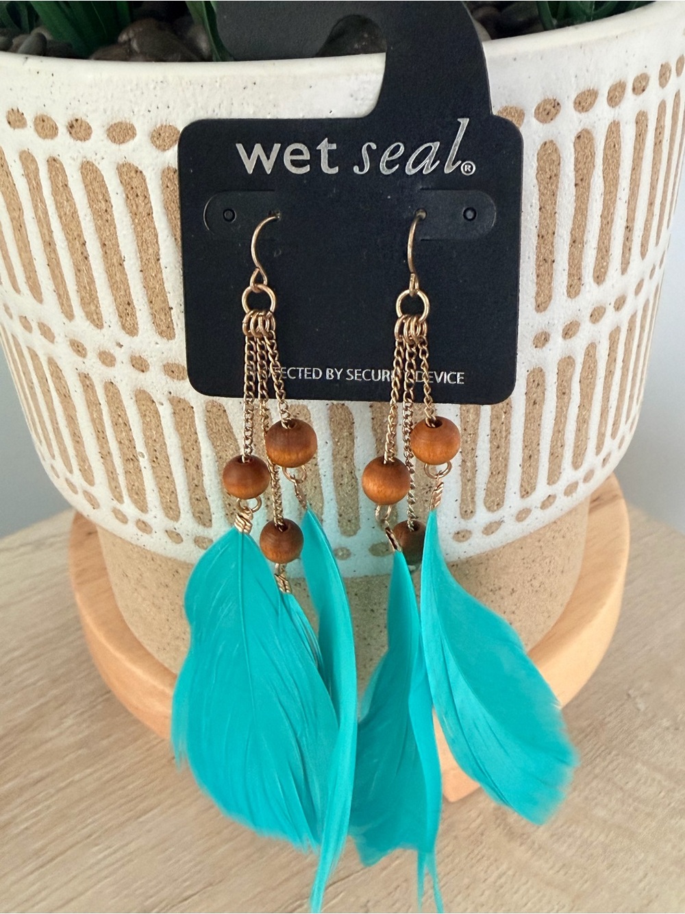 Wet Seal Turquoise Feather & Wood Bead Tassel Earrings